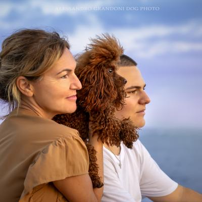 Volto di donna, barboncino e ragazzo che guardano il mare
